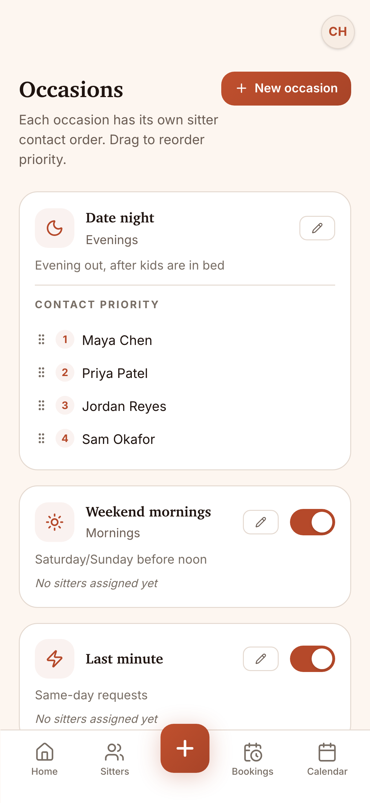 Sitter app screens